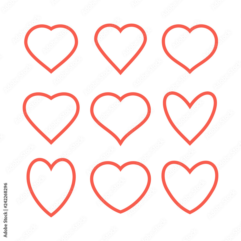 Set of various red heart icons, linear design. isolated on white background