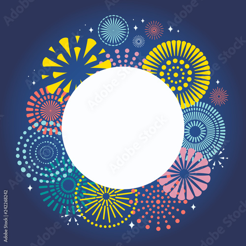 Colorful fireworks on dark background, with space for text. Vector illustration. Flat style design. Concept for holiday banner, poster, flyer, greeting card, decorative element.