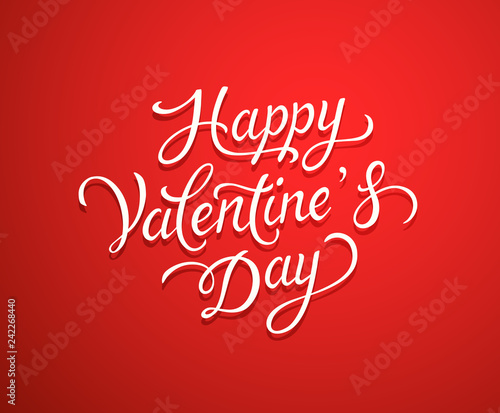 Happy Valentines Day text greeting card. Vector white hand drawing lettering on red background.