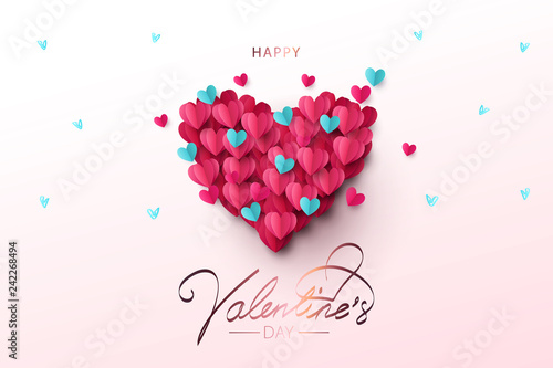 Happy Valentines Day festive Design banner, greeting card or poster. Vector illustration of Love. Big Heart made of small blue and pink origami hearts flying in the sky. Paper art, digital craft style