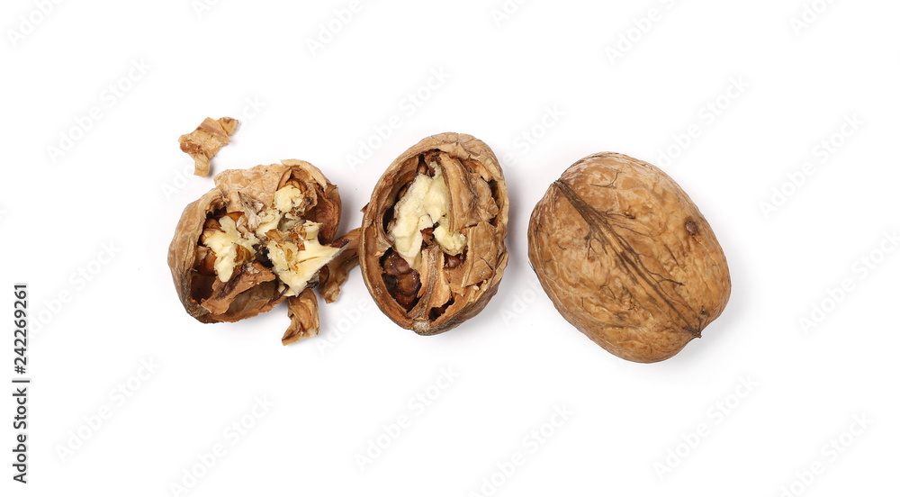 Walnuts, isolated on white background, top view Walnuts, isolated on white background, top view