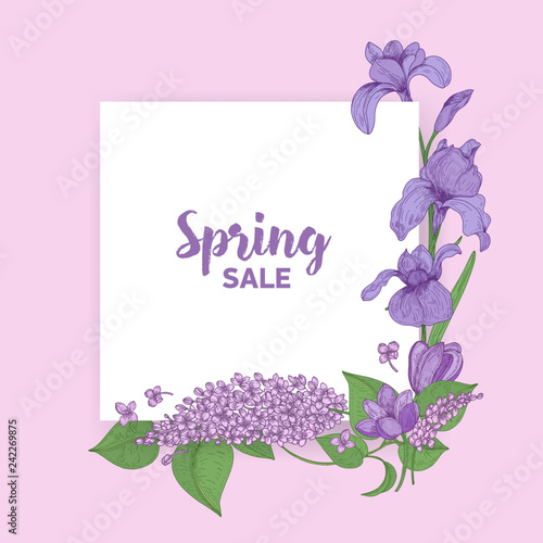 Square card with Spring Sale lettering decorated by beautiful blooming seasonal garden flowers