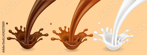 Set of splashes of chocolate, caramel and milk. Vector illustration.