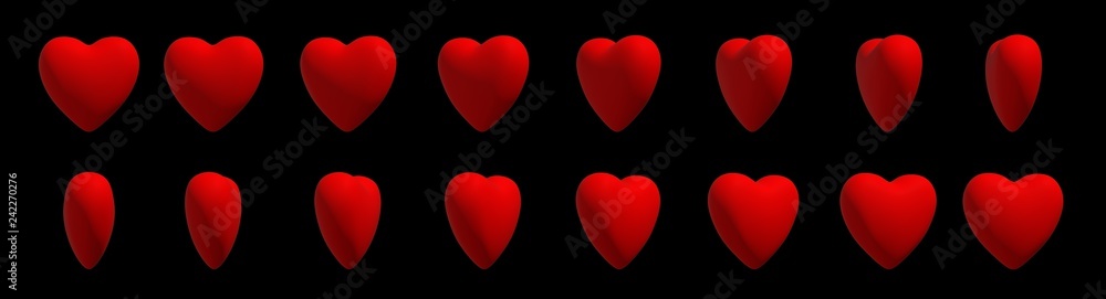 Collection of red matte hearts on black background. 3d Illustration. Effect animation of rotating. For video effects, game development