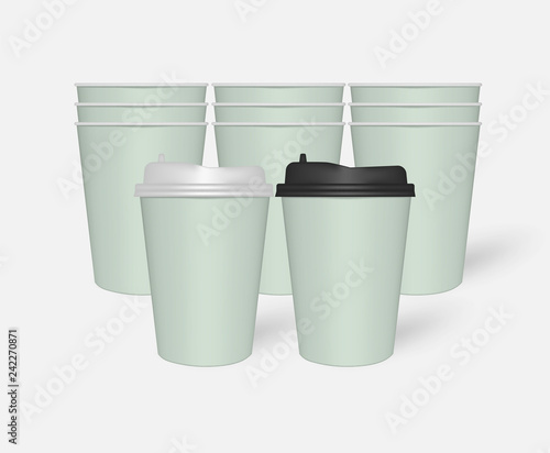 Disposable mint green paper to go coffee cups with plastic lids, mockup