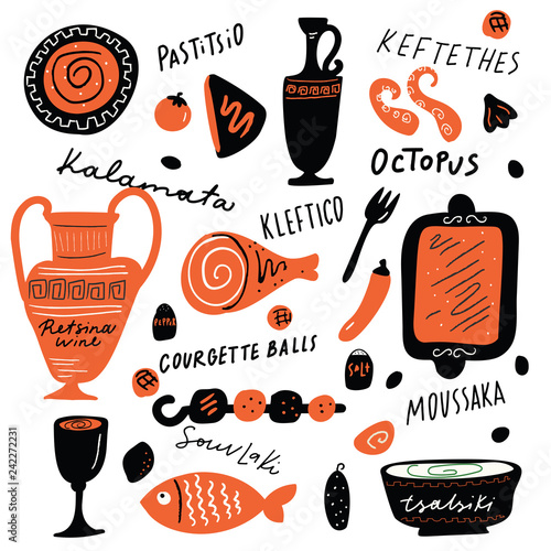 Traditional greek food. Funny hand drawn illustration with food elements and hand written names of dishes. Made in vector.