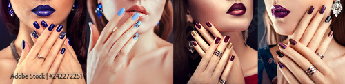 Fototapeta Modelka piękna z różnym makijażem i stylizacją paznokci nosząca biżuterię. Zestaw do manicure. Cztery stylowe wyglądy