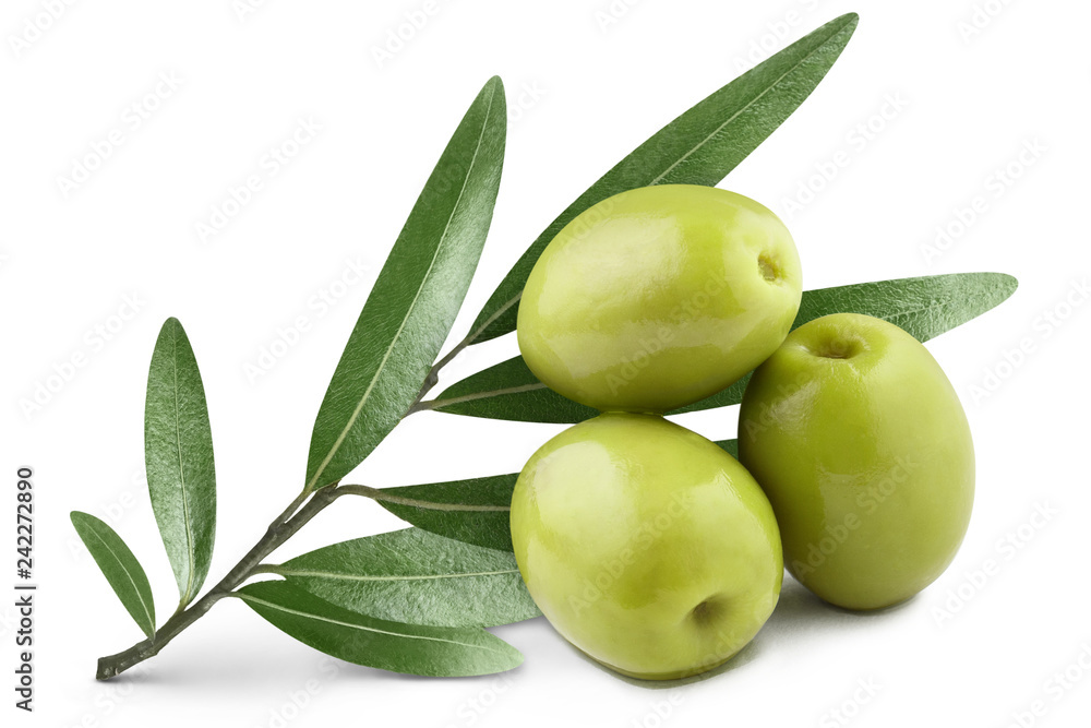 Green olives with leaves, isolated on white background