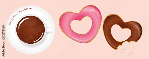 heart shaped donuts and coffee for valentines day vector illustration EPS10