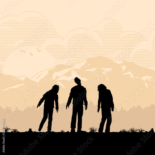 Halloween poster, Silhouette of zombies walking, Vector Illustration