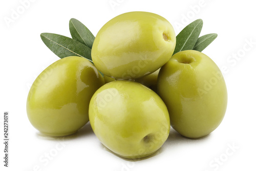 Green olives with leaves, isolated on white background
