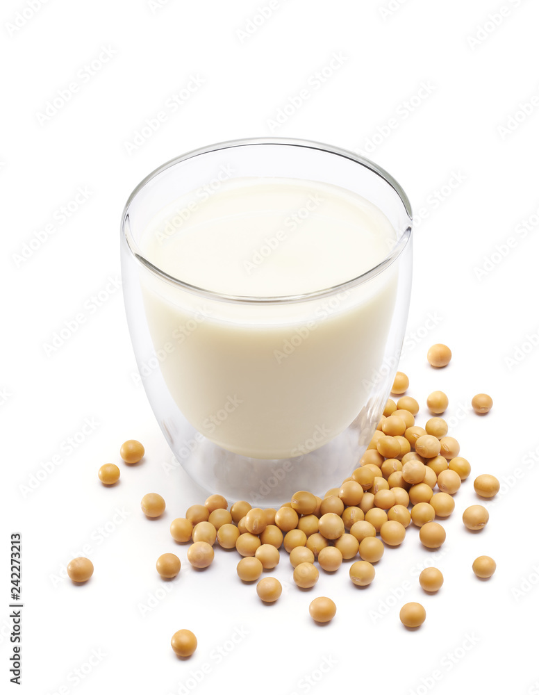 Soybean and soy milk isolated on white background Soybean and soy milk isolated on white background