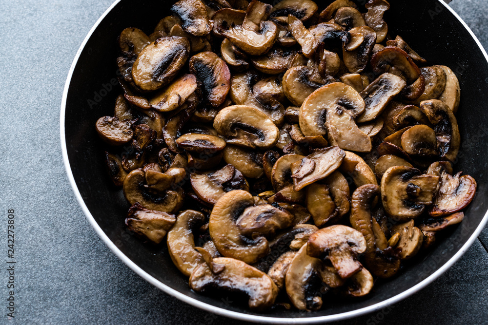 Fried and Sliced Cultivated Champignons Mushrooms in Pan. Fried and Sliced Cultivated Champignons Mushrooms in Pan.