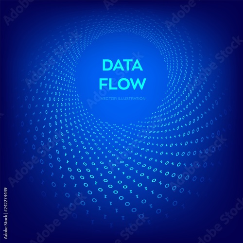 Data Flow. Digital Code. Binary data flow. Big data. Virtual tunnel warp. Coding, programming or hacking concept. Computer science illustration with 1 and 0 symbols repetitions. Vector Illustration.