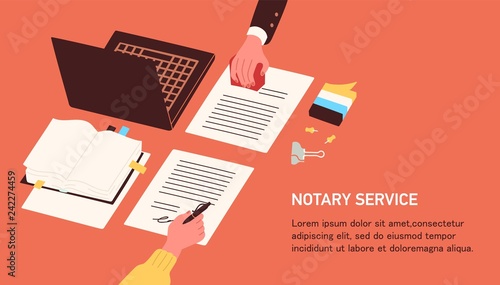 Notary service advertisement. Horizontal web banner template with hands witnessing legal documents by signature and seal or stamp and place for text. Colorful vector illustration in flat style.