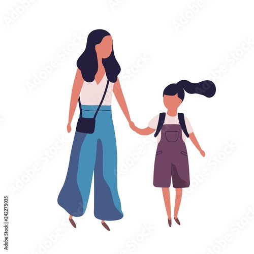 Mother leading her daughter to school. Portrait of modern family. Mom and little girl walking together. Parent and schoolgirl holding hands isolated on white background. Flat vector illustration.