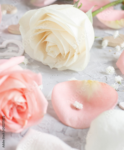 Pink and cream roses with hearts