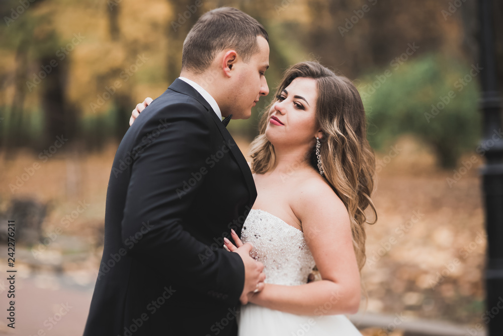 Happy wedding couple walking in a botanical park Happy wedding couple walking in a botanical park