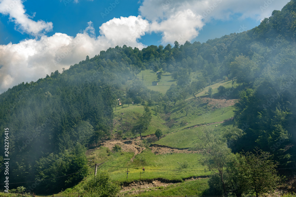Fototapeta premium Landscape in Vaser Valley, Bucovina, Mocanita Steam Train, Romania