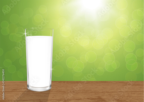 Realistic glass of fresh milk on wooden table on blurred green bokeh background, vector illustration 3d
