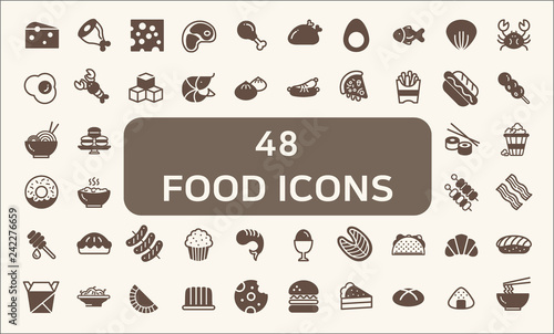 Set of 48 Food Related Vector Solid Icons.Collection Of food, restaurant, chicken, pizza, dessert And Other Elements. customize color, stroke width control , easy resize.