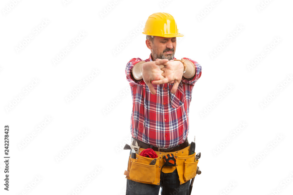 Builder snapping finger joints . Builder snapping finger joints .