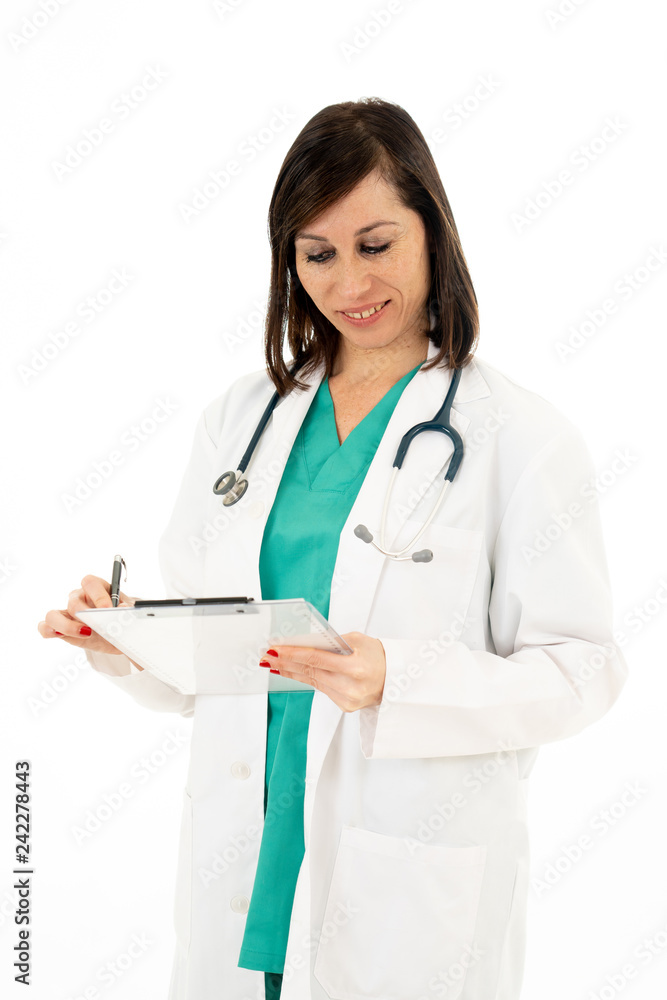 Portrait of successful smiling female doctor with stethoscope and clipboard isolated on white Portrait of successful smiling female doctor with stethoscope and clipboard isolated on white