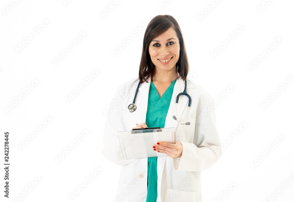 Portrait of successful smiling female doctor with stethoscope and clipboard isolated on white Portrait of successful smiling female doctor with stethoscope and clipboard isolated on white