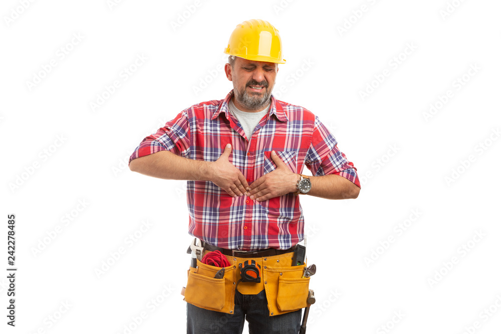 Builder touching diaphragm for stomach pain.