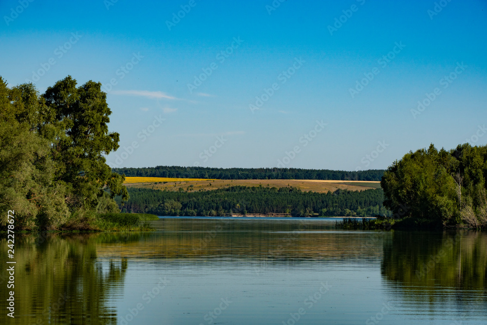 pond, river, water, reflection, forest, trees, thickets, hills, blue, sky, space, nature, landscape