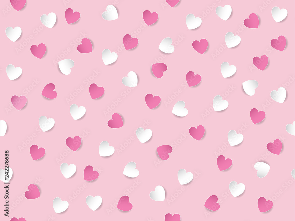 Flat lay of white and pink heart shaped paper scattered on pastel pink background. Seamless pattern vector illustration. Valentine's Day concept.