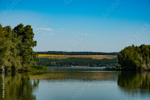 pond, river, water, reflection, forest, trees, thickets, hills, blue, sky, space, nature, landscape