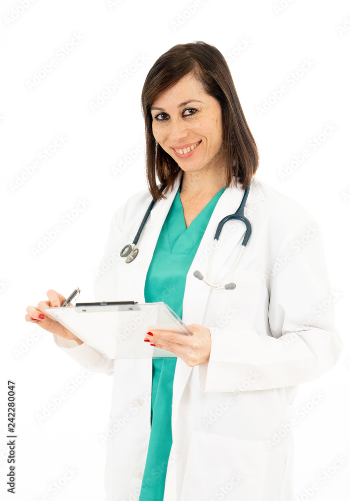 Portrait of successful smiling female doctor with stethoscope and clipboard isolated on white Portrait of successful smiling female doctor with stethoscope and clipboard isolated on white
