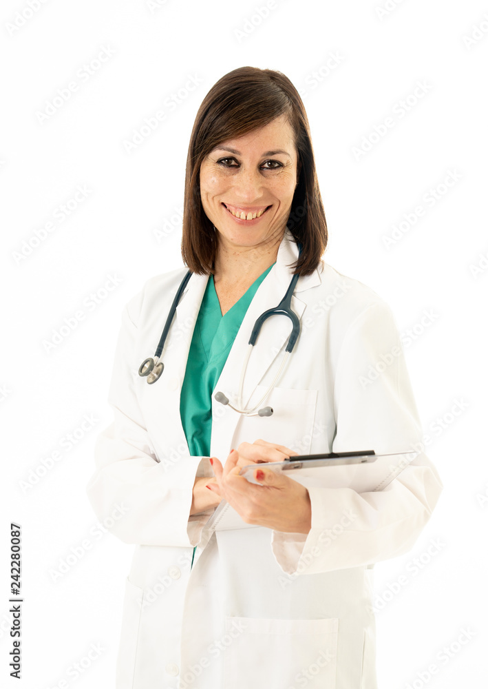 Portrait of successful smiling female doctor with stethoscope and clipboard isolated on white Portrait of successful smiling female doctor with stethoscope and clipboard isolated on white