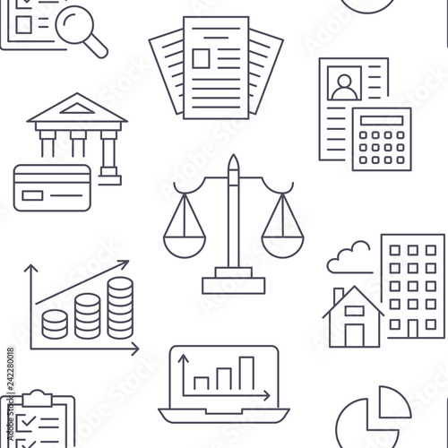 Financial accounting seamless pattern with flat line icons. Bookkeeping background, tax optimization, loan, invoice, real estate crediting. Accountancy, finance backdrop for legal services