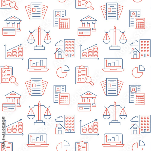 Financial accounting seamless pattern with flat line icons. Bookkeeping background, tax optimization, loan, invoice, real estate crediting. Accountancy, finance colored backdrop for legal services