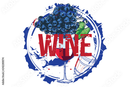 Old wood barrel and a bunch of grapes. Wine concept. Hand drawn illustration.