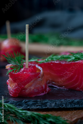 Gravlax, scandinavian cured salmon with beetroot and fennel photo