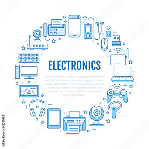 Electronics circle poster with flat line icons. Wifi internet connection technology signs. Computer, smartphone, laptop, fax, game controller, keyboard. Vector illustration for devices store brochure