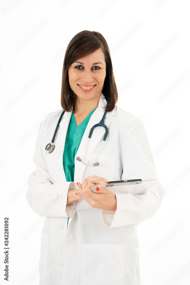 Portrait of successful smiling female doctor with stethoscope and clipboard isolated on white Portrait of successful smiling female doctor with stethoscope and clipboard isolated on white