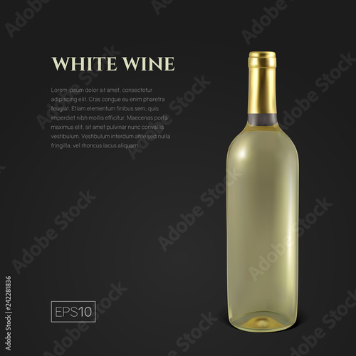Photorealistic bottle of white wine on a black background. Mock up transparent bottle of wine. Template for product presentation or advertising in a minimalistic style.