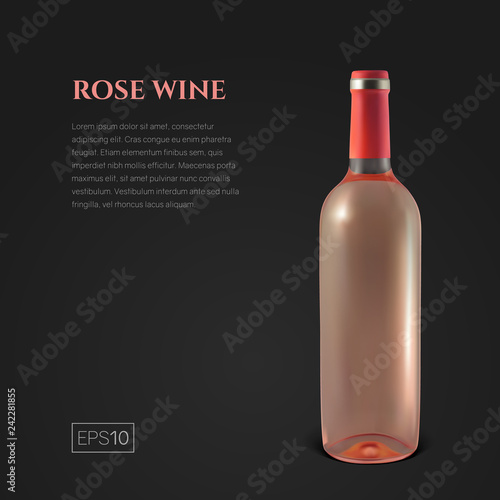 Photorealistic bottle of rose wine on a black background. Mock up transparent bottle of wine. Template for product presentation or advertising in a minimalistic style.