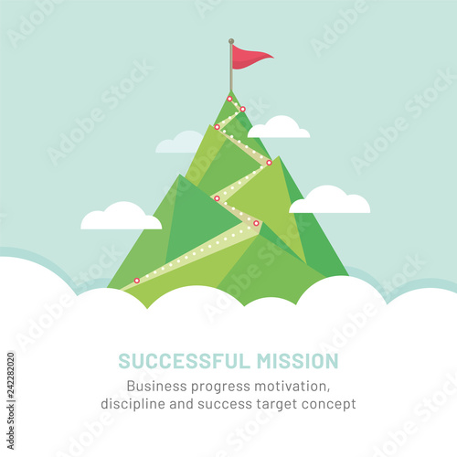 Flag on the mountain peak. Way to successful Business. Vector illustration