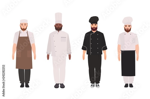 Bundle of chefs, cooks, professional restaurant staff, kitchen workers wearing uniform, apron and toque. Set of male cartoon characters isolated on white background. Flat cartoon vector illustration.