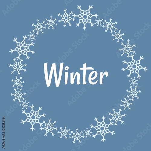 Winter snowflakes wreath on blue background. Postcard template