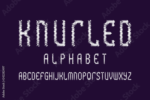 Knurled alphabet. White contrasting font. Isolated english alphabet.