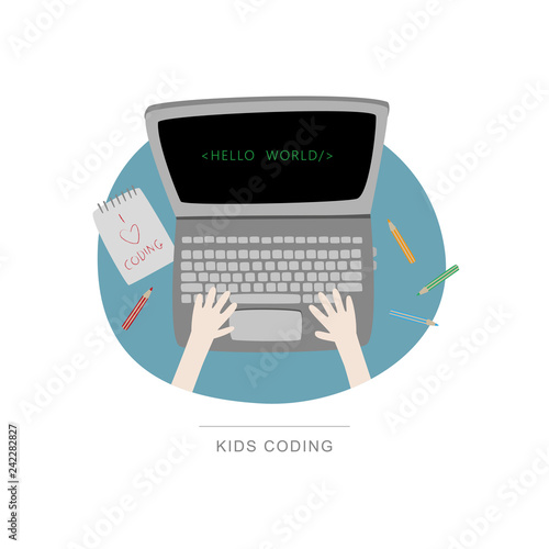 Top view of laptop and coding child. Vector illustration photo