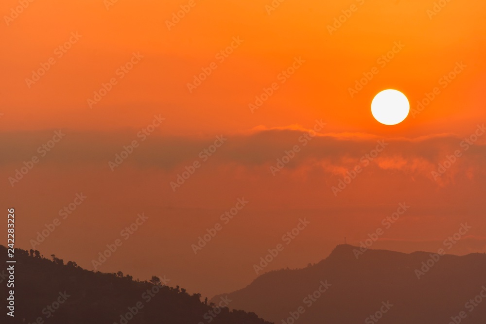 Blazing Sunrise Over Annapurna Mountain Range from Sarangkot Hill