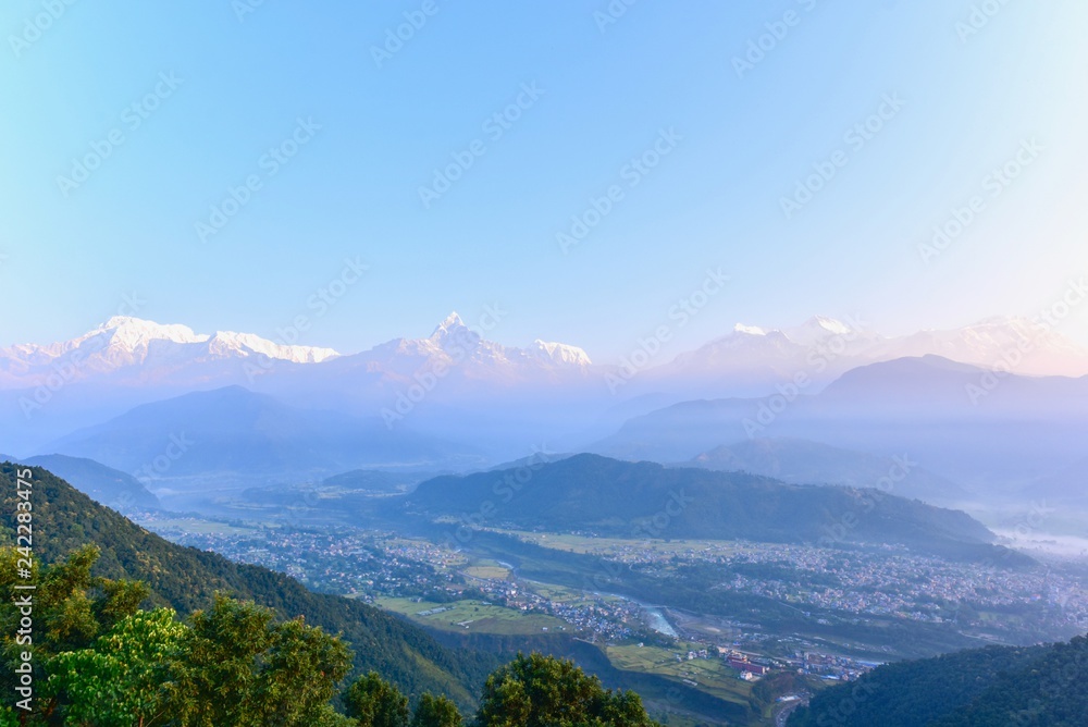 Beautiful Scenery of Pokhara Valley and Annapurna Mountain Range from Sarangkot Hill