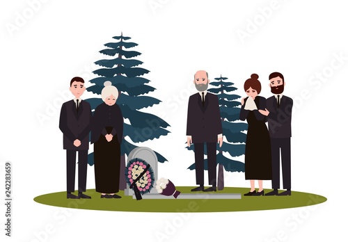 Men and women dressed in mourning clothes standing near grave with tombstone and wreath. Grieving people or family on graveyard or cemetery. Colorful vector illustration in flat cartoon style.